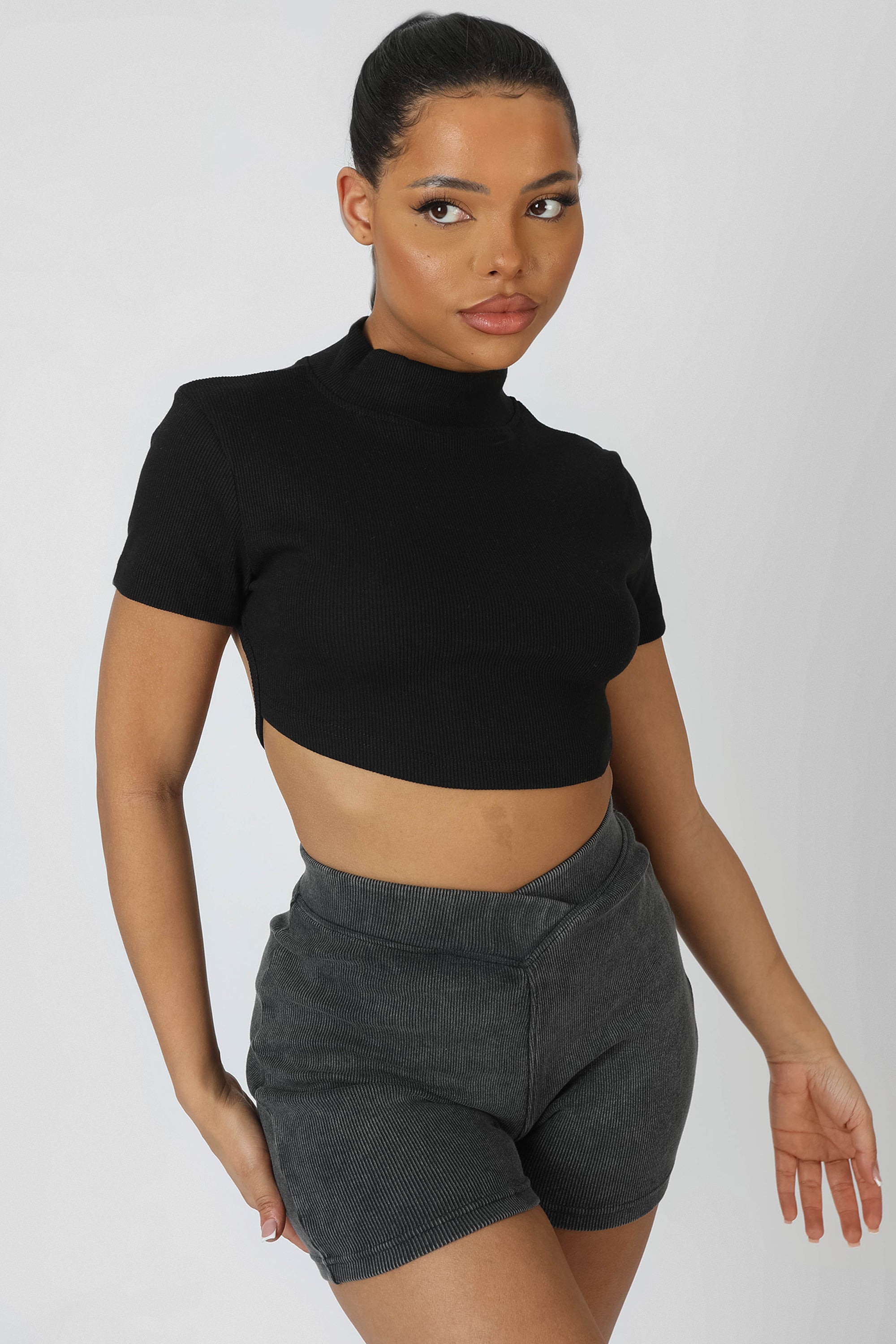 High Neck Tie Back Crop Top Black