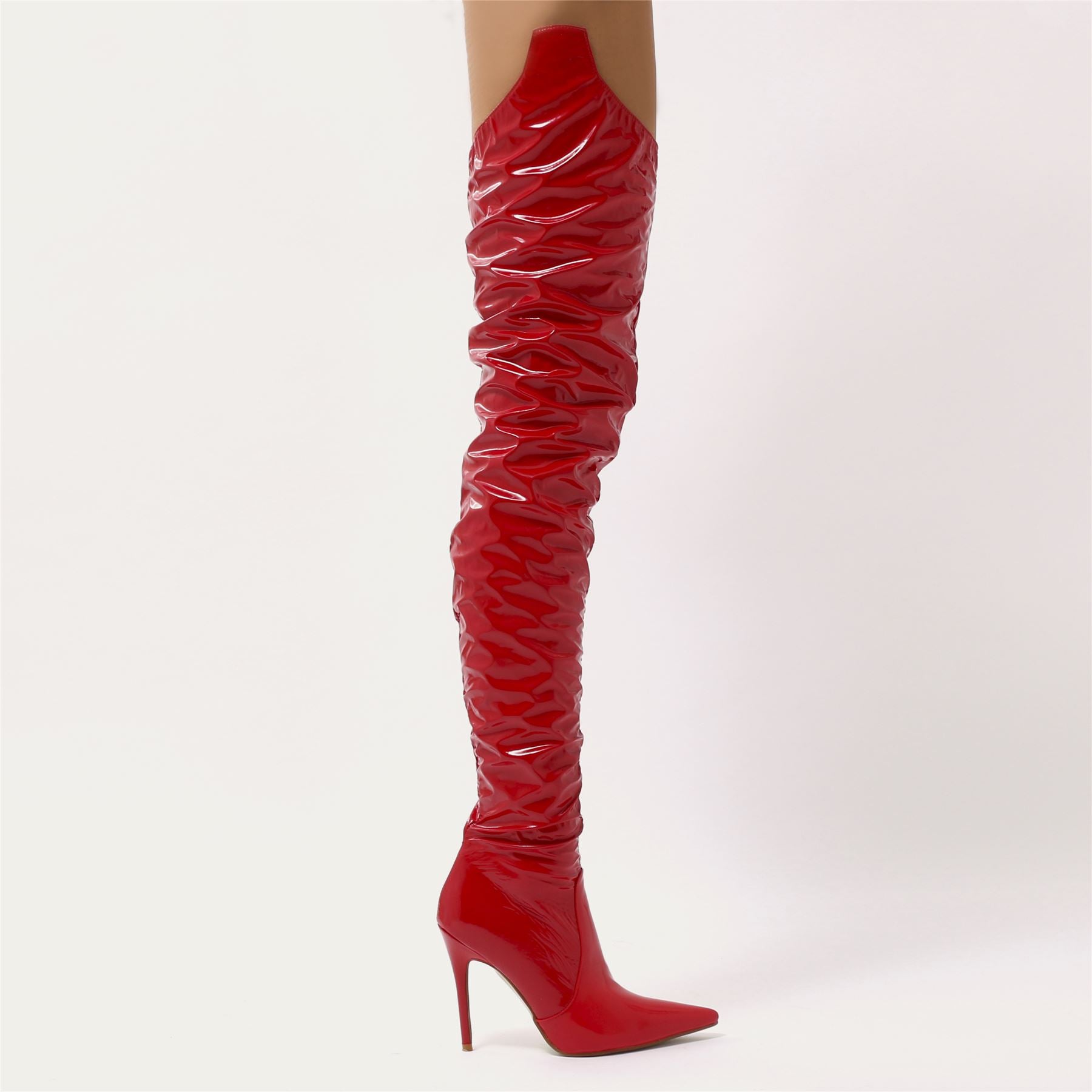 red vinyl ankle boots