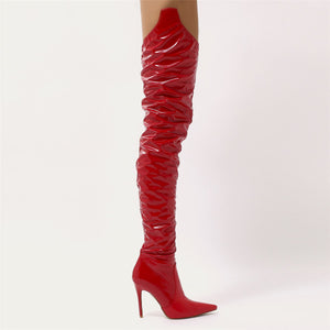 red vinyl thigh high boots