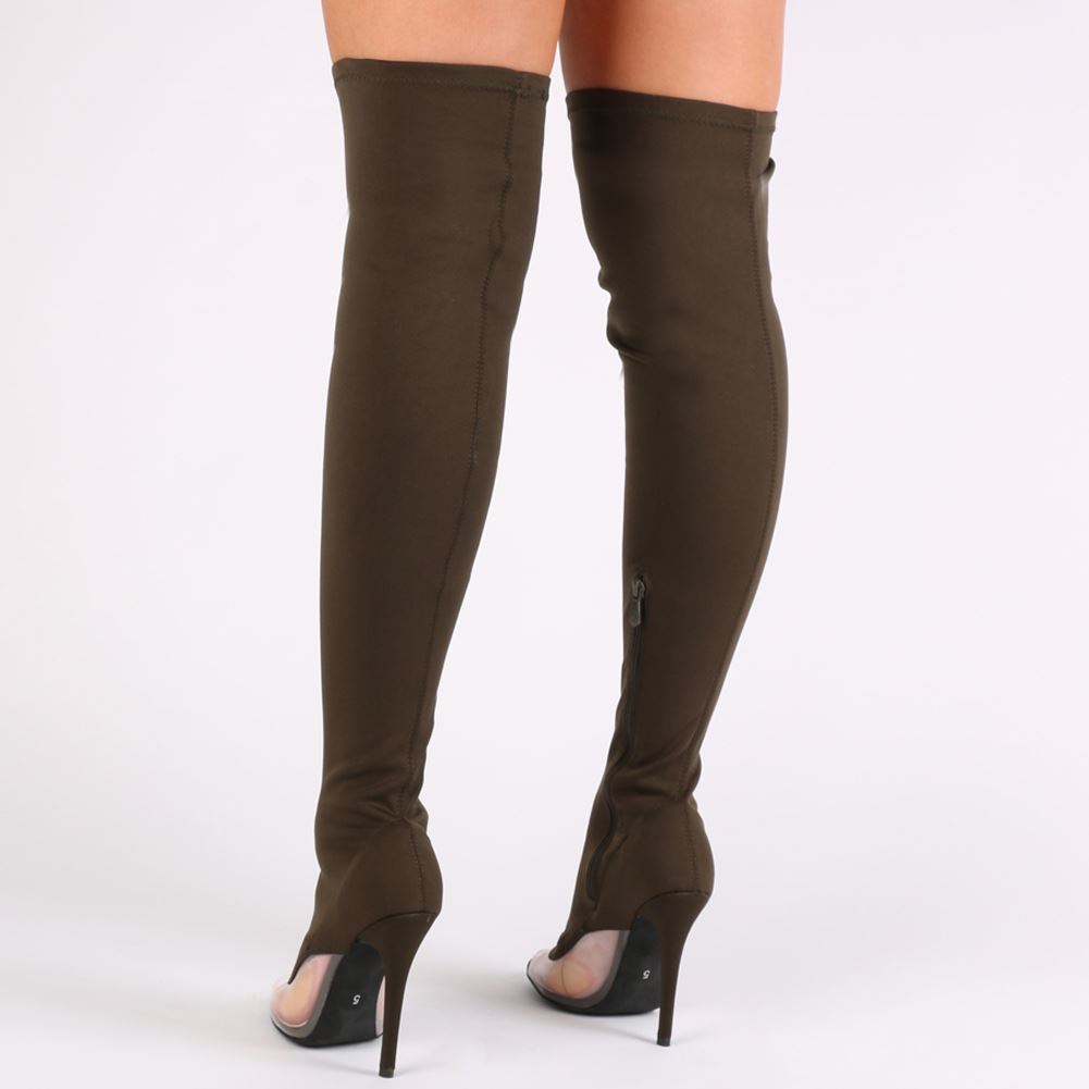 Brooklyn Clear Perspex Detail Over The Knee Boots in Khaki