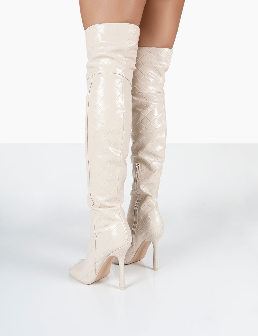 Carlotta Ecru Open Toe Woven Material Heeled Over The Knee Boots