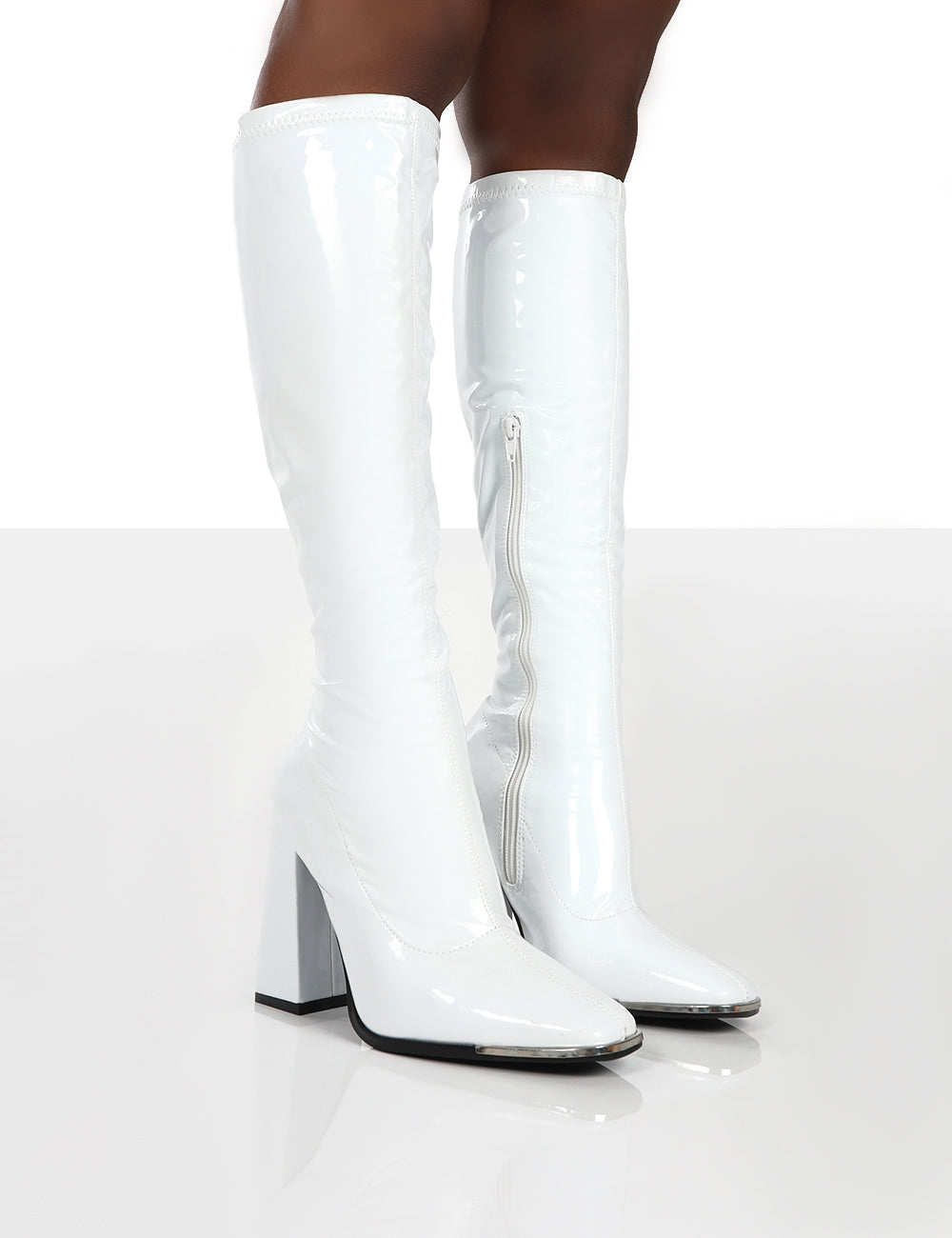 Caryn White Patent White Heeled Knee High Boots