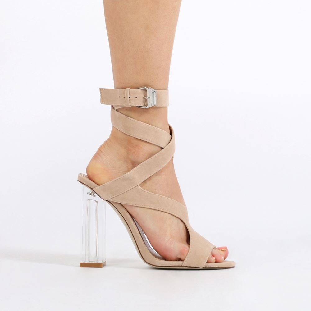 Gloria Clear Perspex Cut Out Heels in Nude Faux Suede