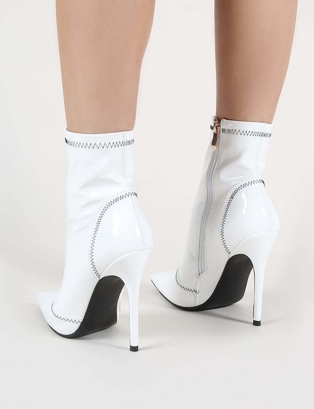 Hotness Sock Fit Ankle Boots in White Patent