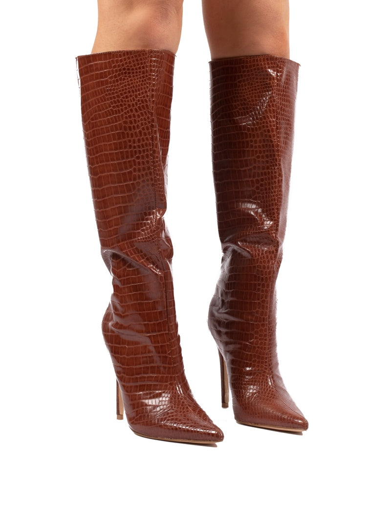 Define Tan Croc Stiletto Heeled Boots