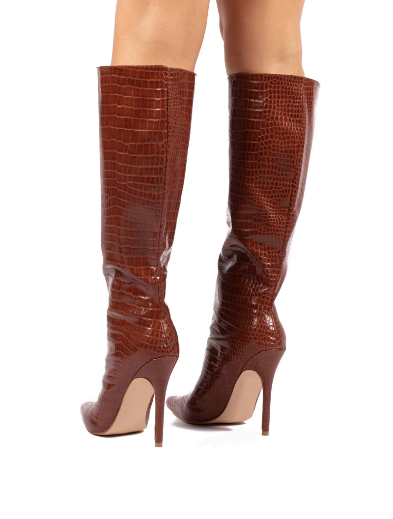 Define Tan Croc Stiletto Heeled Boots