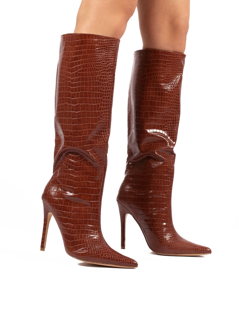 Define Tan Croc Stiletto Heeled Boots