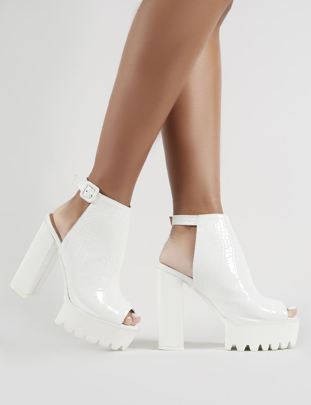 Jada Cleated Platform Block Heels in White Croc