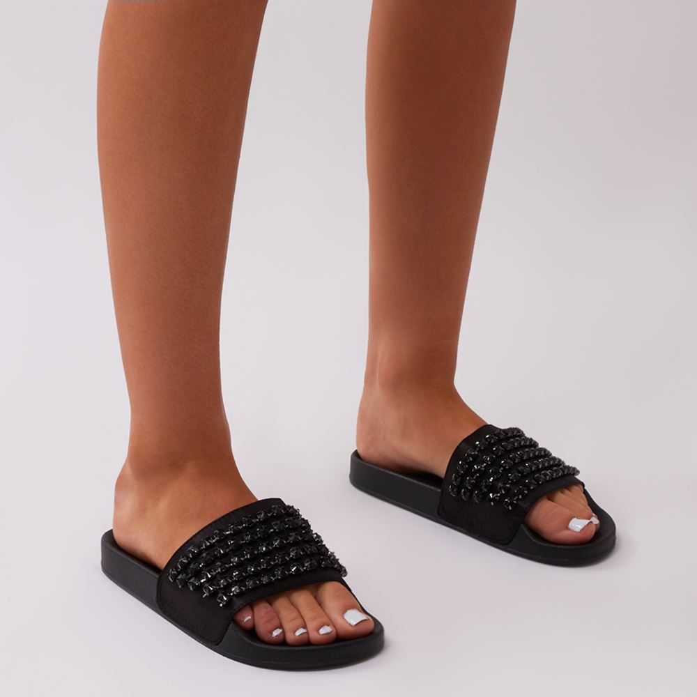 Bounce Black Diamante Sliders in Black