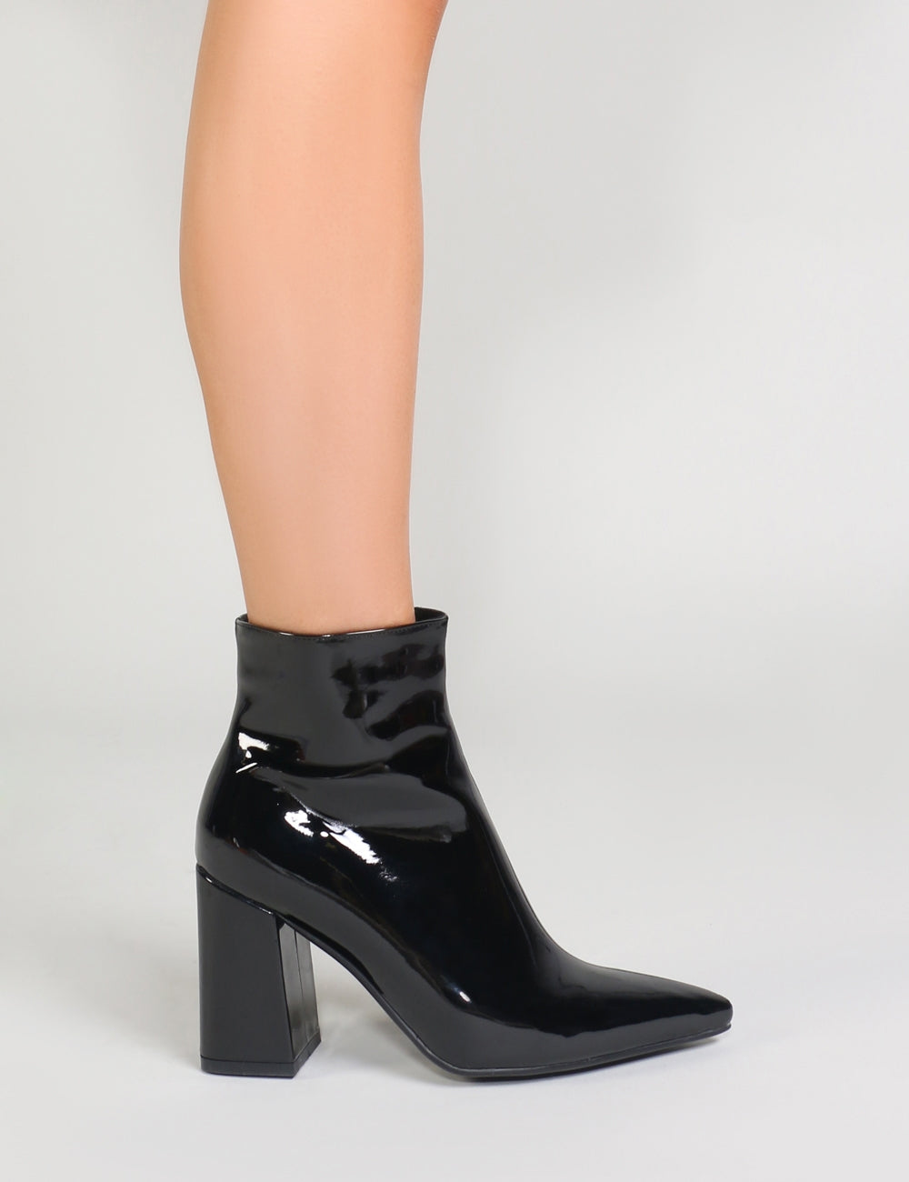 public desire empire black patent block heeled ankle boots