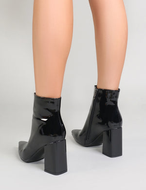 public desire empire black patent block heeled ankle boots
