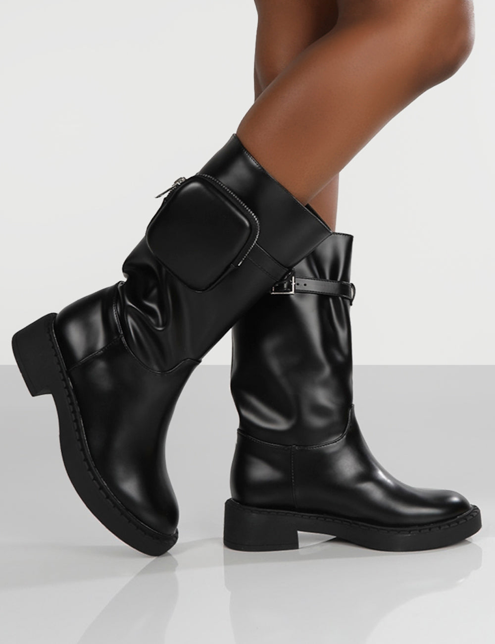 Evoke Black Pocket Detail Chunky Sole Calf Height Boot