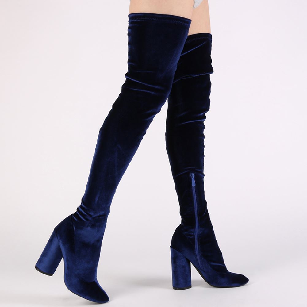 Eve Round Heel Long Boots in Navy Velvet