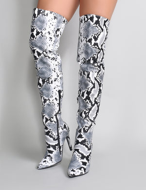 grey snake print over the knee boots