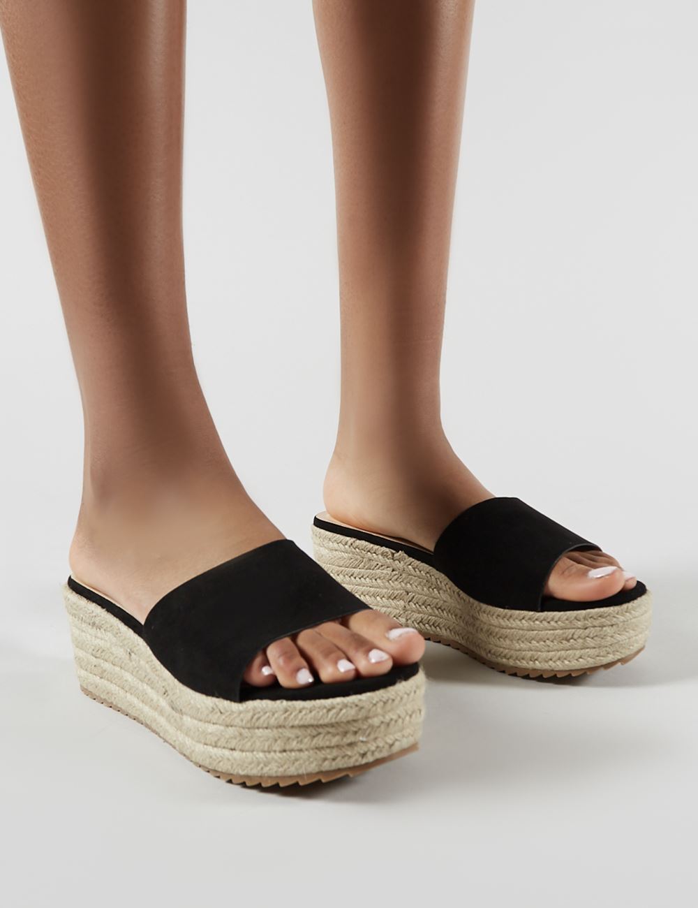 Cami Flatform Espadrille Sliders in Black Faux Suede