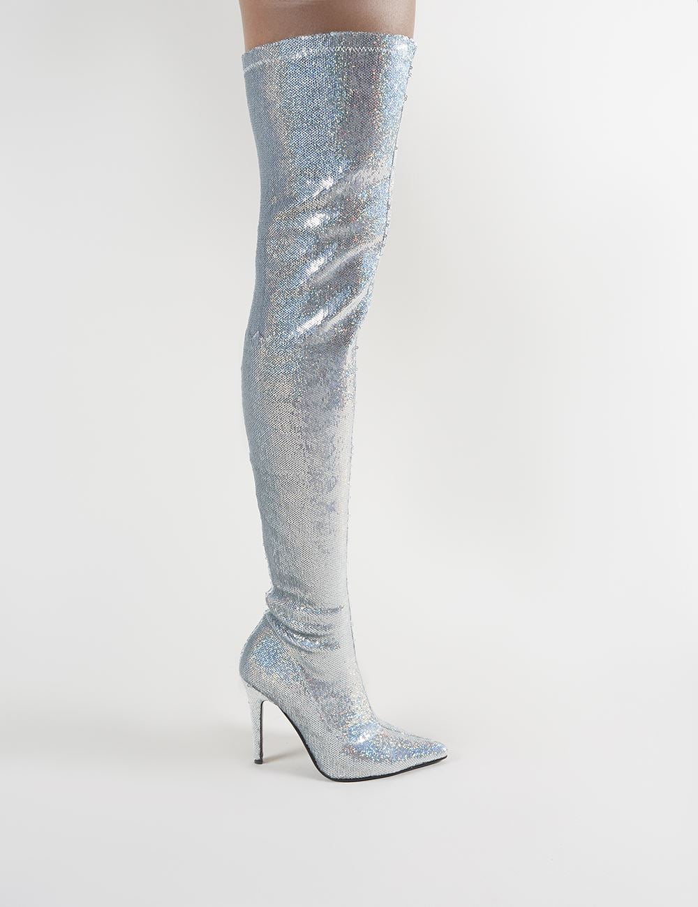 over the knee boots silver