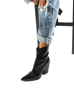 black patent crocodile ankle boots