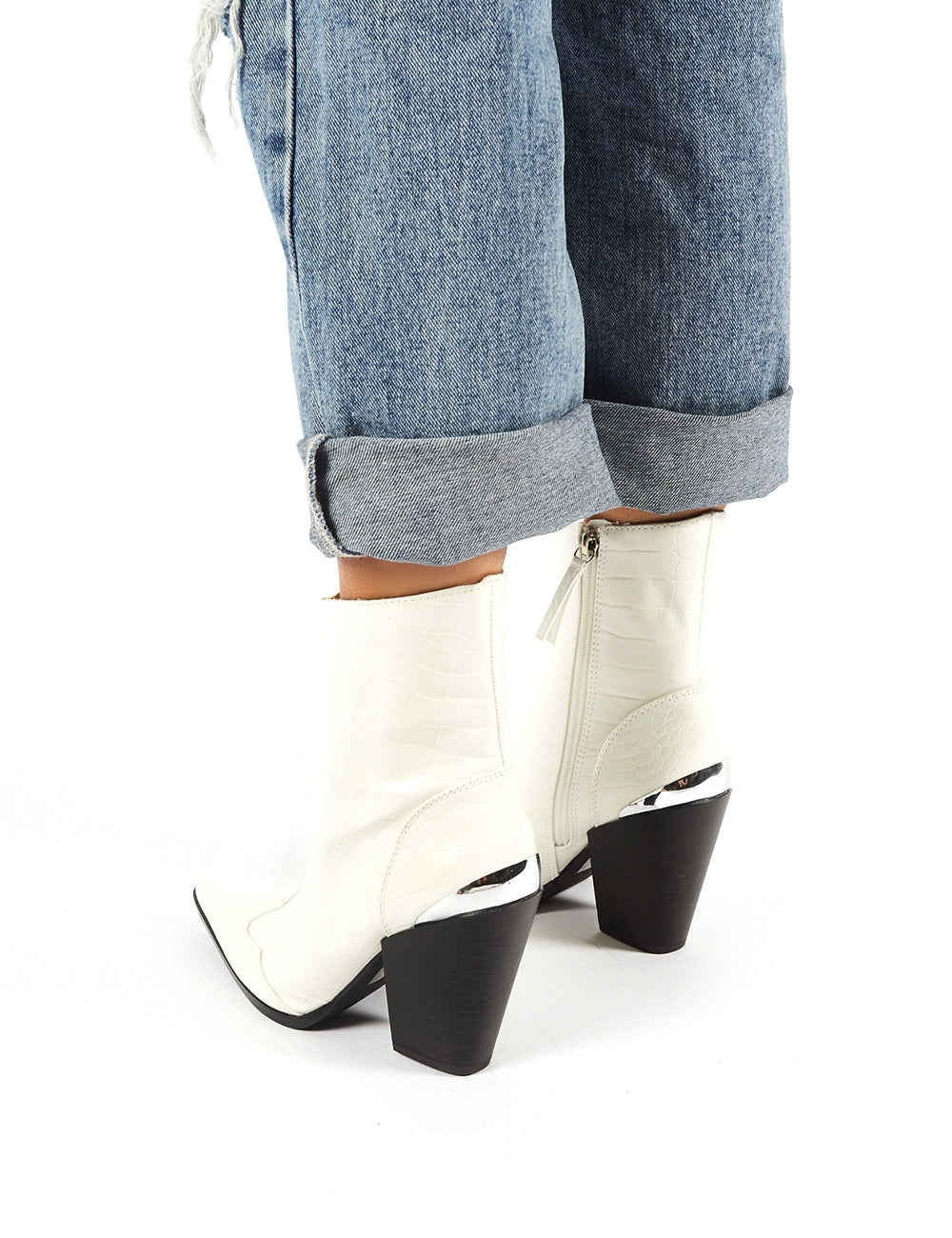 Heidi White Croc Block Heeled Western Ankle Boots