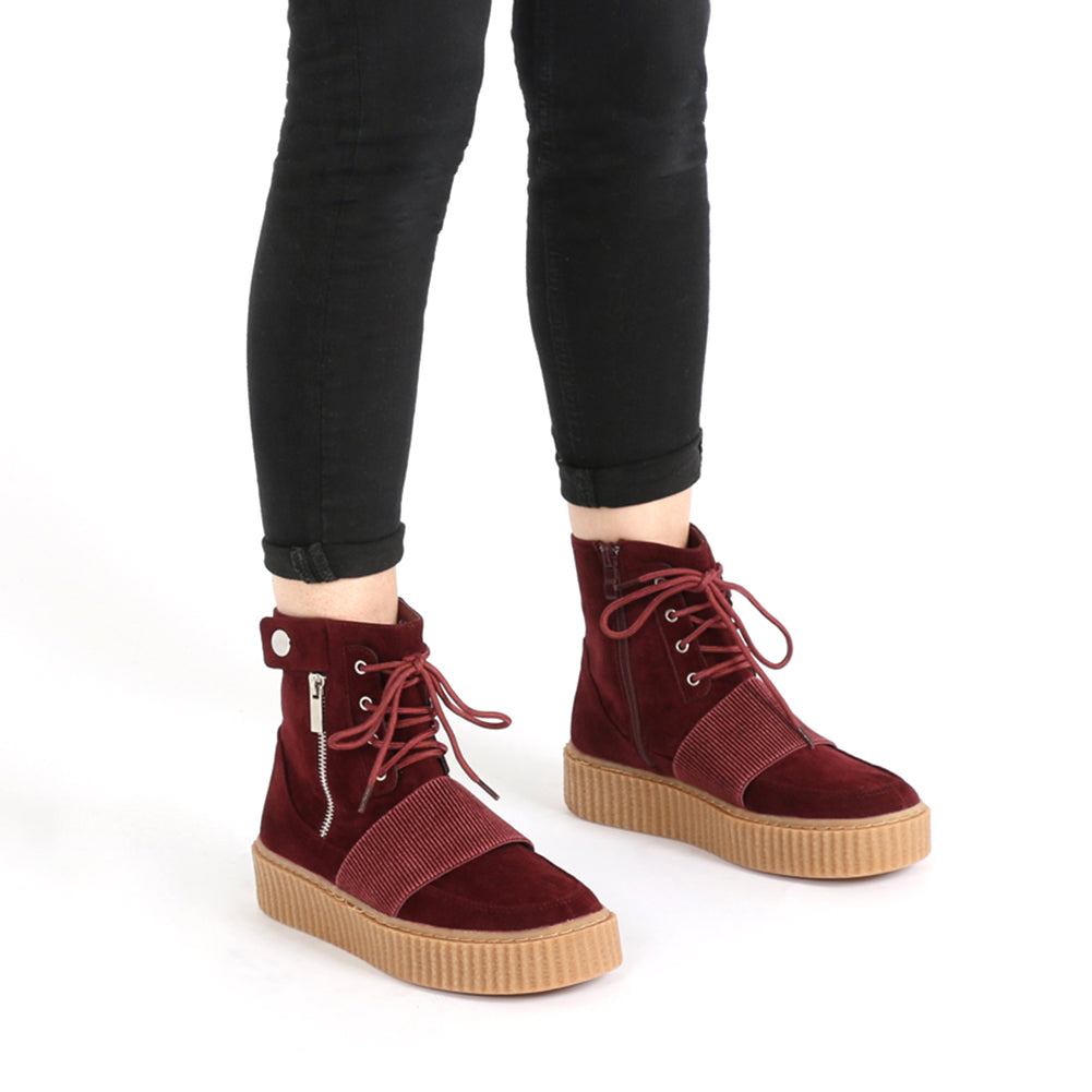 Christa Strap Detail Hi Top Creepers in Bordeaux Faux Suede