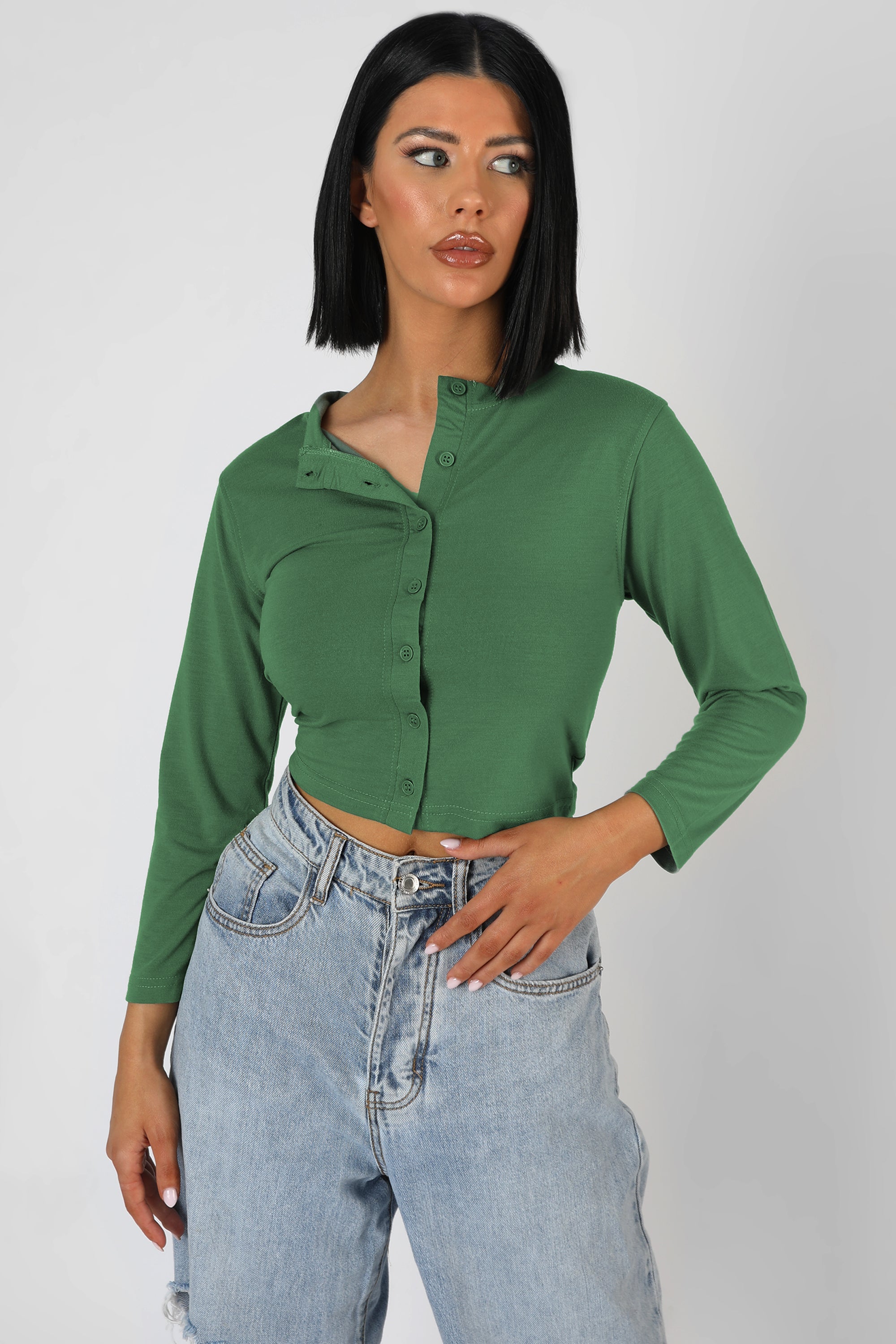 Button Front Long Sleeve Crop Top Khaki