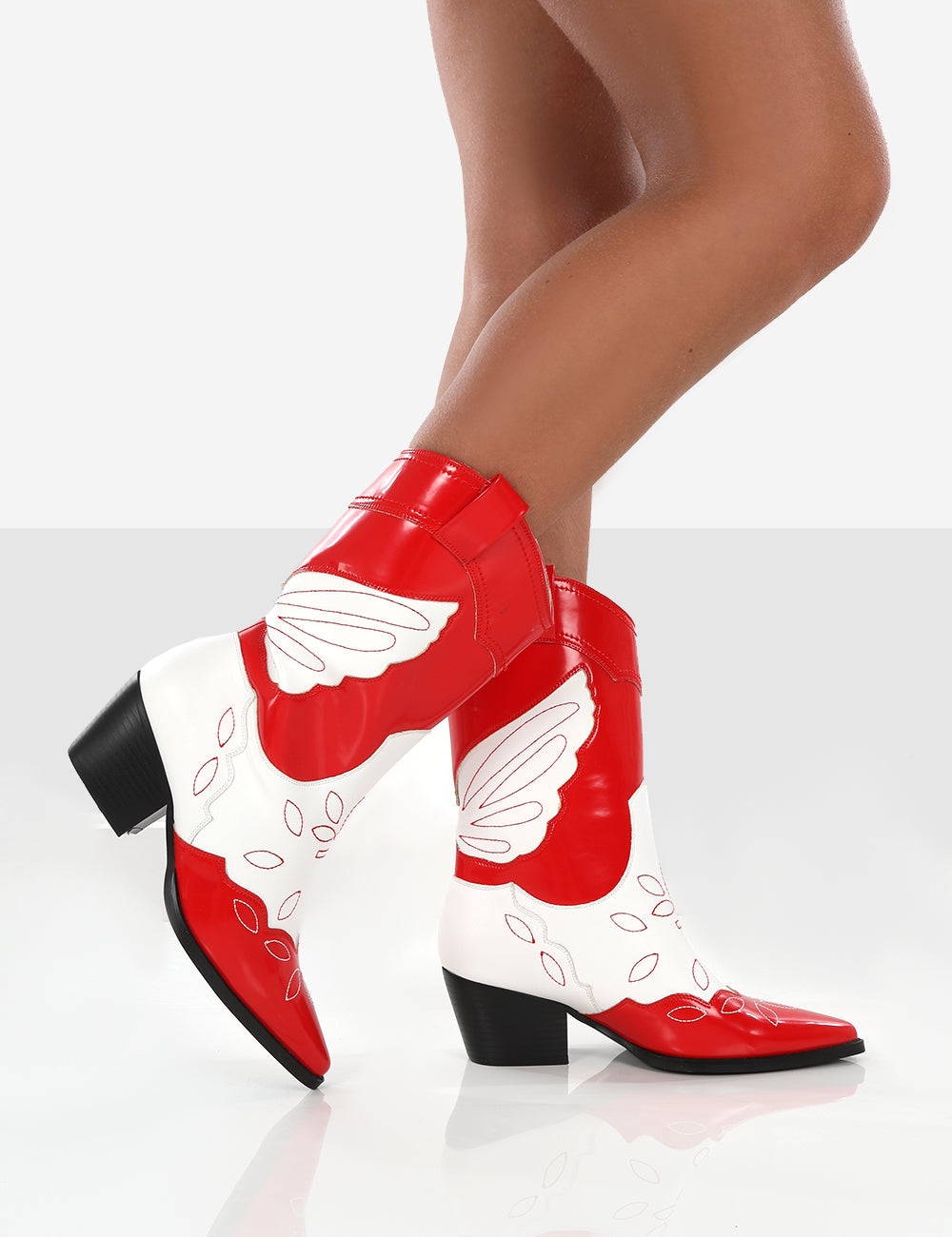 Howdy Red Patent Pointed Toe Western Cowboy Block Ankle Boots