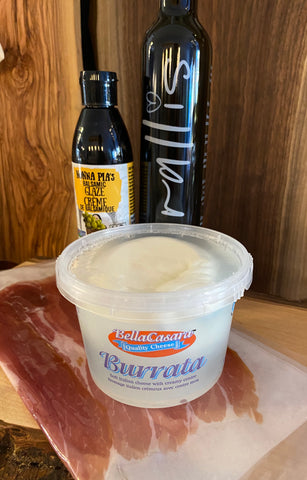 items needed for this recipe and available at The Cheese Gallery. Burrata, prosciutto, Balsamic Glaze and Olive Oil