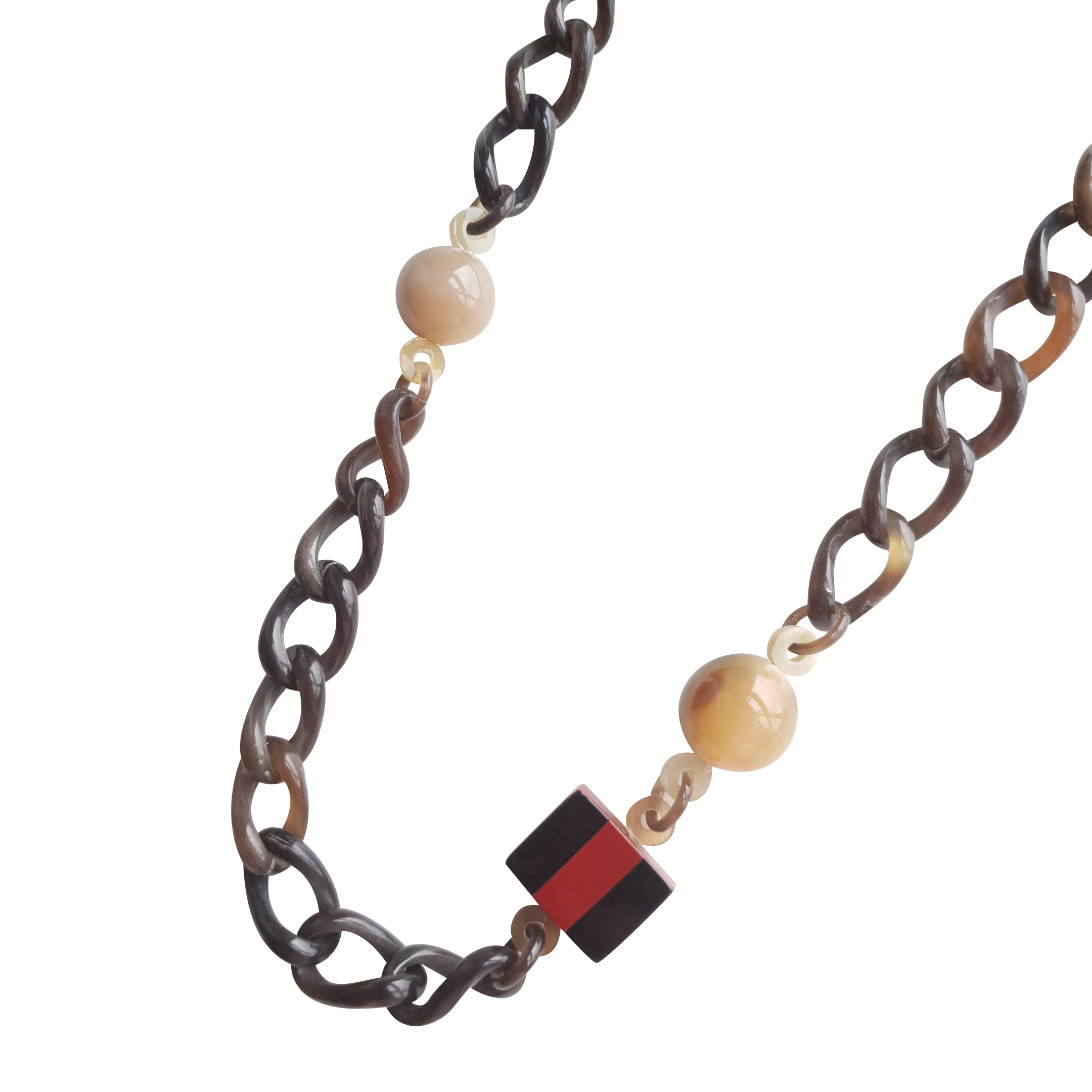 Necklace J17832, Chain of Horn with Double Round Globes and Square Box