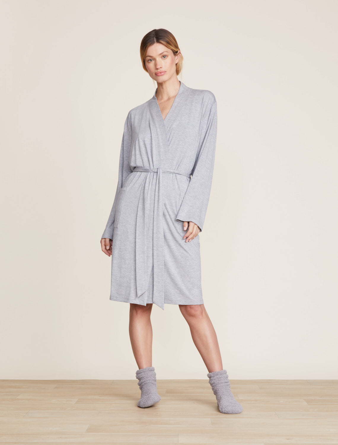 Soft Knit Quilted Hooded Robe - Dusty grey