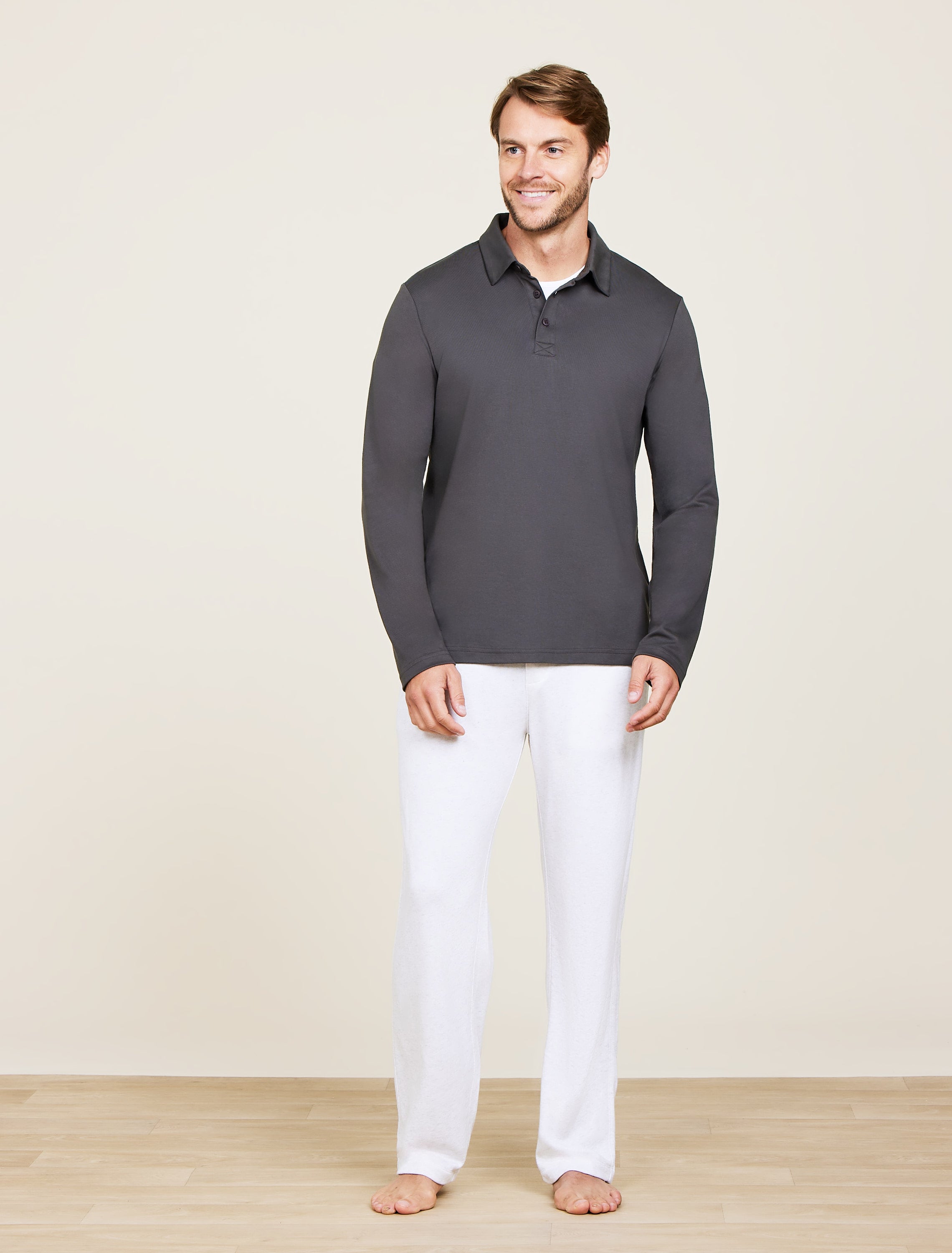 Barefoot Dreams Malibu Collection® Men's Pima Long Sleeve Polo in Carbon