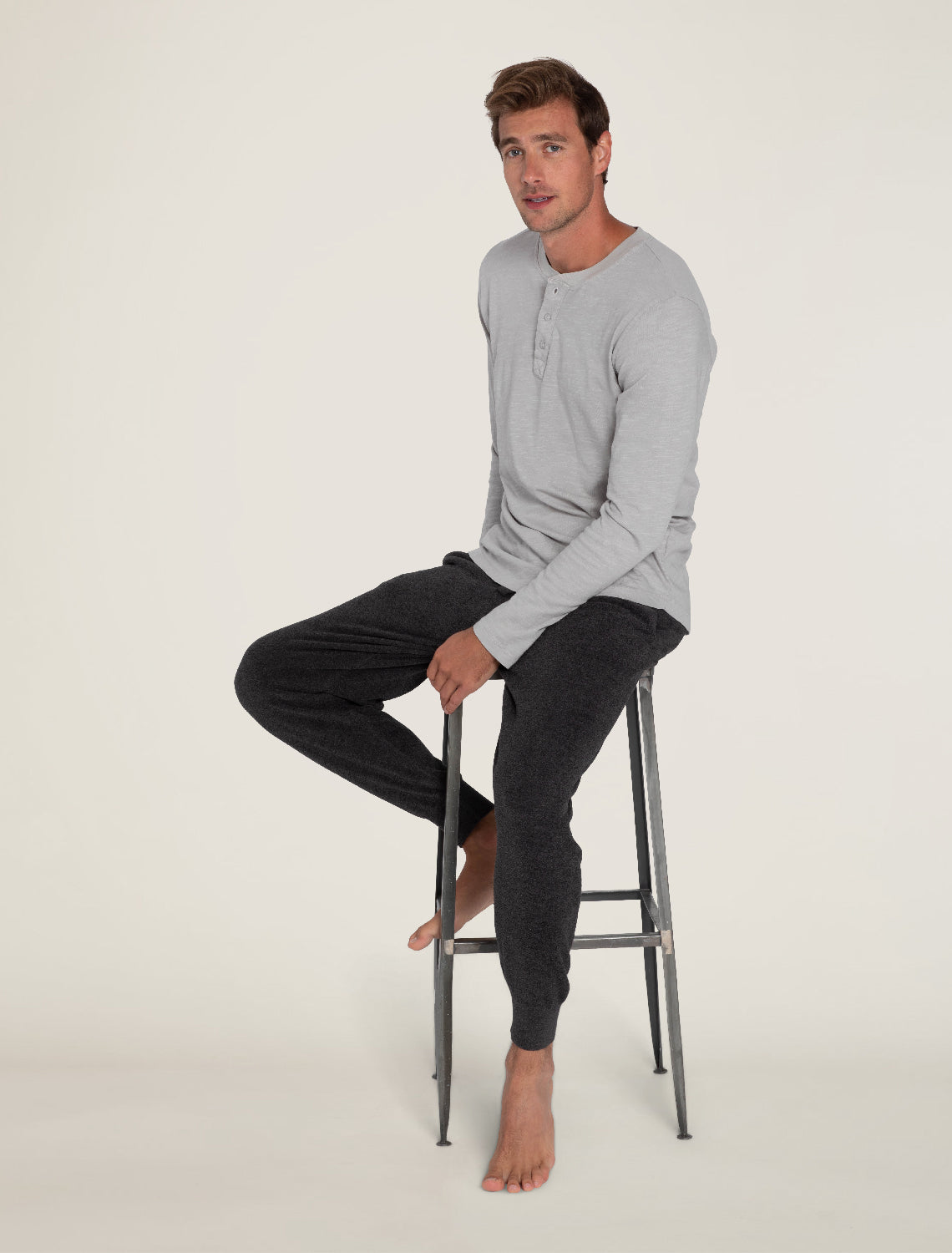 Premium Slub Henley Tee Long Sleeve - Pine Bark