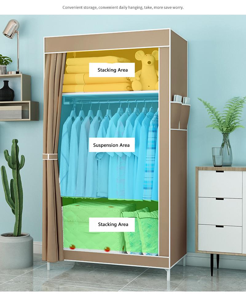 Student Single Cloth Wardrobe Folding Bedroom Small Closet Space Save Clothes Storage Cabinet With Three Curtain Design