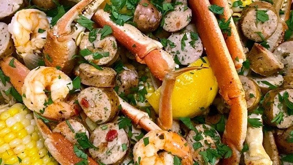 This recipe contains shrimp, lobster, crab, clams, potatoes, corn and sausage.