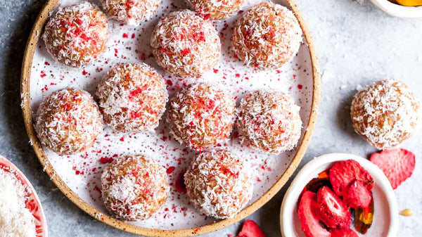 Strawberries and cream energy balls are a healthy snack