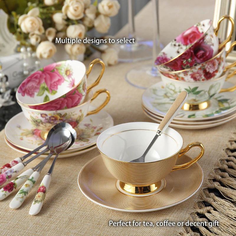 Premium Royal Classic Bone China Teacup Set With Saucer Spoon Luxury Regal Classic Retro Vintage Tea Cups For Kitchen Teaware Drinkware 200ml