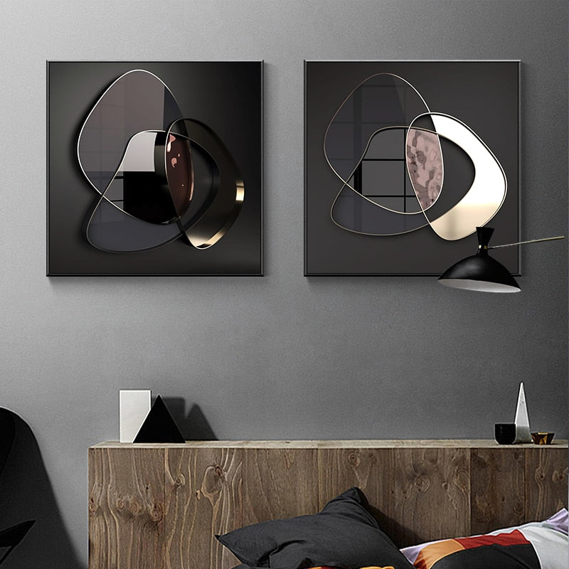 Abstract 3D Effect Dark Geometric Wall Art Square Format Fine Art Canvas Prints Modern Pictures For Luxury Living Room Contemporary Home Office Interior Decor