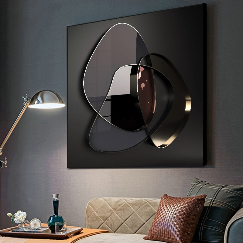 Abstract 3D Effect Dark Geometric Wall Art Square Format Fine Art Canvas Prints Modern Pictures For Luxury Living Room Contemporary Home Office Interior Decor