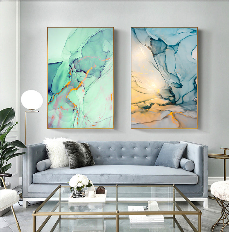 Abstract Fantasy Liquid Marble Print Wall Art Fine Art Canvas Prints Blue Jade Green Contemporary Pictures For Office Or Living Room Decor