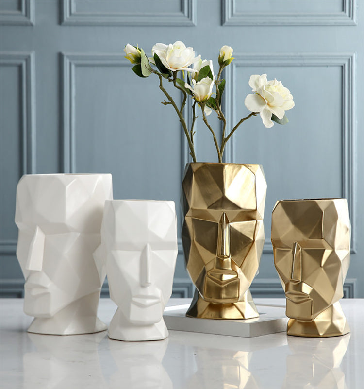 Abstract Geometric Golden Head Figurines Nordic Style Ceramic Vase For Tabletop Decoration Ornamental Figurine Crafts For Modern Home Interior Decoration