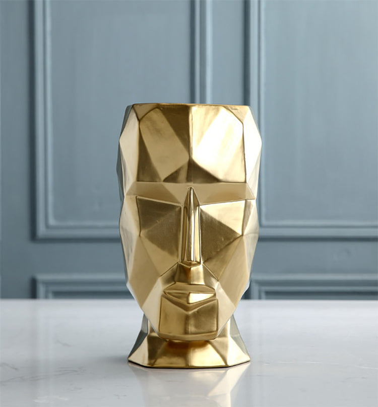 Abstract Geometric Golden Head Figurines Nordic Style Ceramic Vase For Tabletop Decoration Ornamental Figurine Crafts For Modern Home Interior Decoration