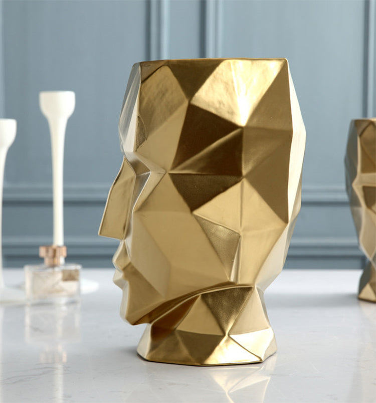 Abstract Geometric Golden Head Figurines Nordic Style Ceramic Vase For Tabletop Decoration Ornamental Figurine Crafts For Modern Home Interior Decoration