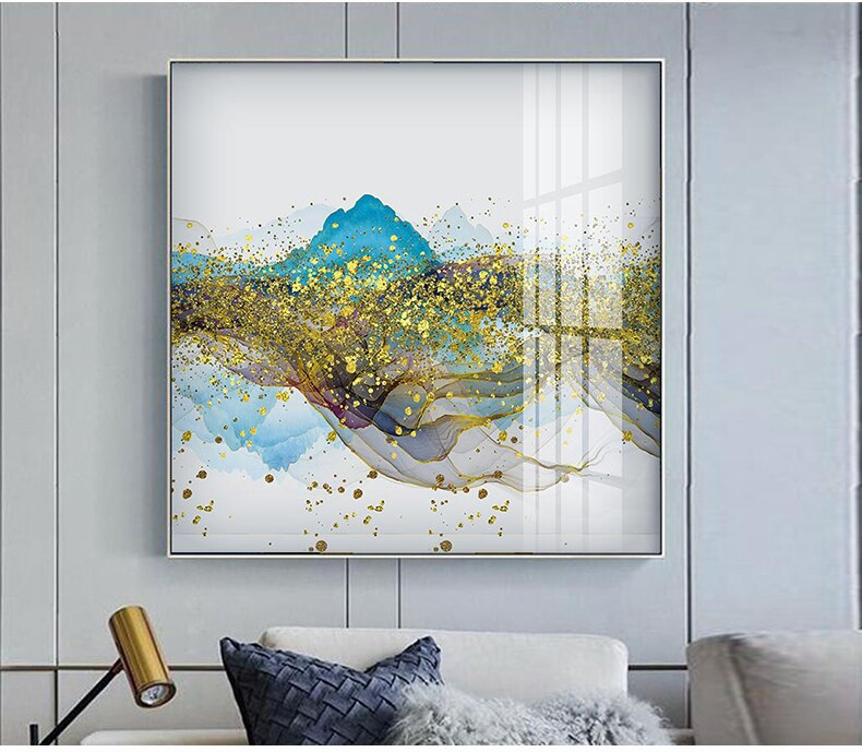 Abstract Golden Mountain Reflections Fine Art Canvas Prints Blue And Gold Contemporary Wall Art For Modern Home Or Office Interior Decor
