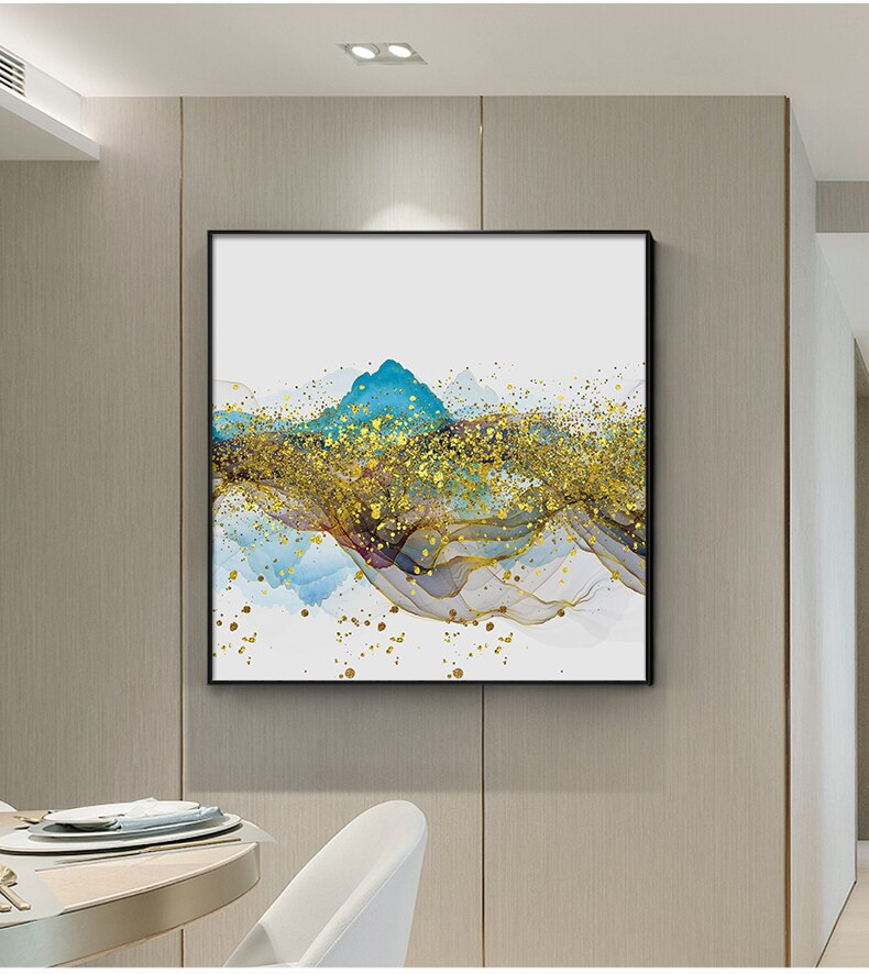 Abstract Golden Mountain Reflections Fine Art Canvas Prints Blue And Gold Contemporary Wall Art For Modern Home Or Office Interior Decor