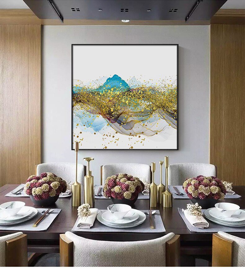 Abstract Golden Mountain Reflections Fine Art Canvas Prints Blue And Gold Contemporary Wall Art For Modern Home Or Office Interior Decor