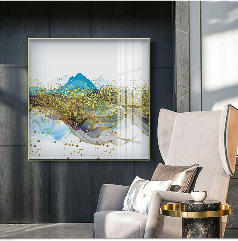 Abstract Golden Mountain Reflections Fine Art Canvas Prints Blue And Gold Contemporary Wall Art For Modern Home Or Office Interior Decor