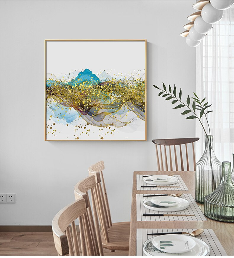 Abstract Golden Mountain Reflections Fine Art Canvas Prints Blue And Gold Contemporary Wall Art For Modern Home Or Office Interior Decor