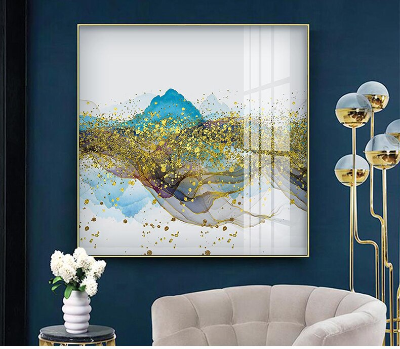 Abstract Golden Mountain Reflections Fine Art Canvas Prints Blue And Gold Contemporary Wall Art For Modern Home Or Office Interior Decor