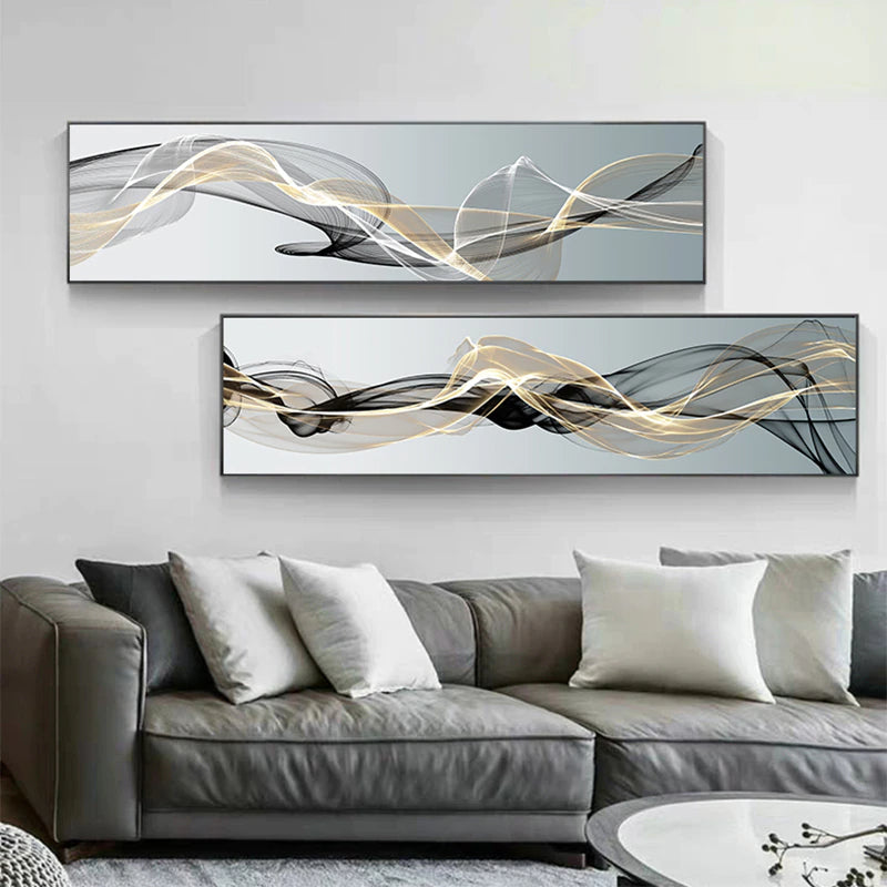 Abstract Vapor Lines Wall Art Fine Art Canvas Prints Minimalist Gray Blue Yellow Wide Format Pictures For Above The Sofa Modern Picture For Above The Bed