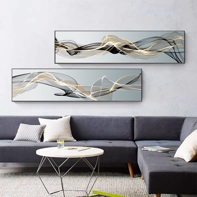 Abstract Vapor Lines Wall Art Fine Art Canvas Prints Minimalist Gray Blue Yellow Wide Format Pictures For Above The Sofa Modern Picture For Above The Bed