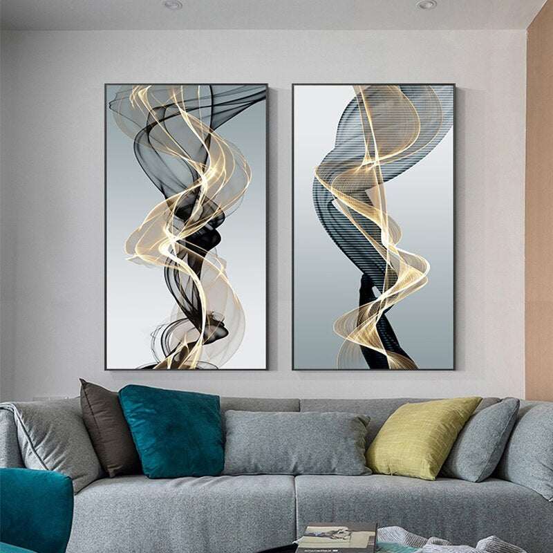 Abstract Vapor Lines Wall Art Fine Art Canvas Prints Modern Gray Blue Yellow Minimalist Pictures For Modern Loft Living Room Home Office Interior Decor