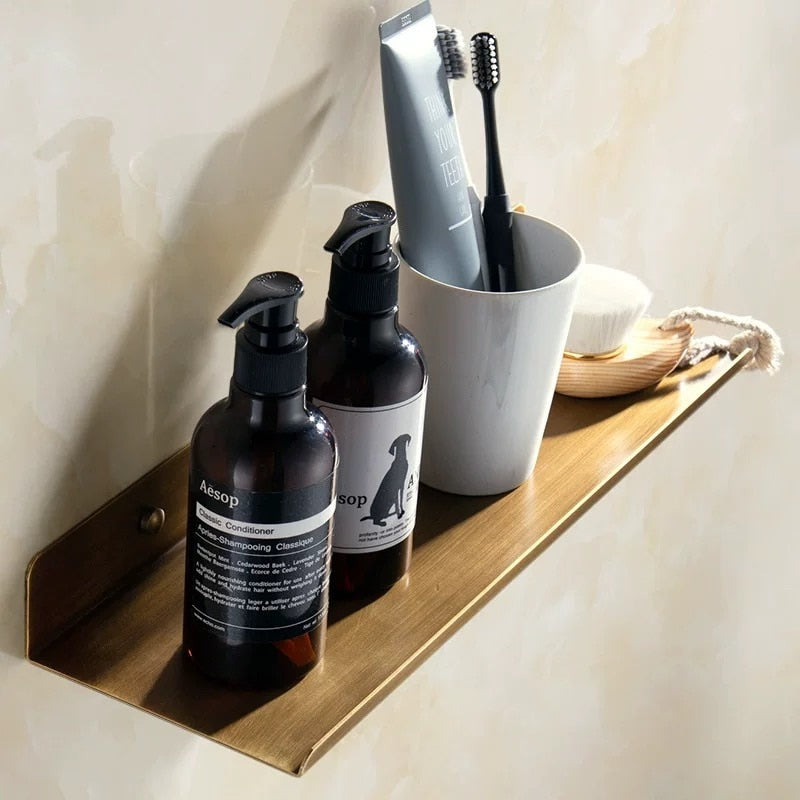 Antique Brass Shelf Shower Rack Modern Stylish Shelving For Washroom Single Tier Cosmetics Shelf For Bathroom Polished Finished Copper Brass Washroom Fittings